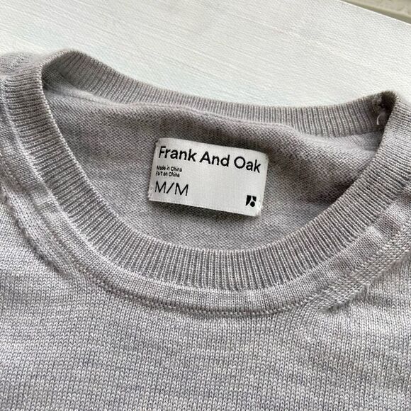 Frank And Oak Merino Wool Crewneck Long-Sleeve Sweater Light Grey Stripe - SZ M - Picture 2 of 9